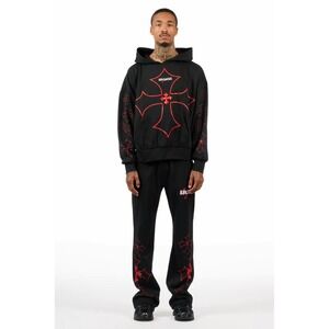 Rockstar Original Mens Tracksuit Set Black Red Cross Hoodie Flared Pants NEW
